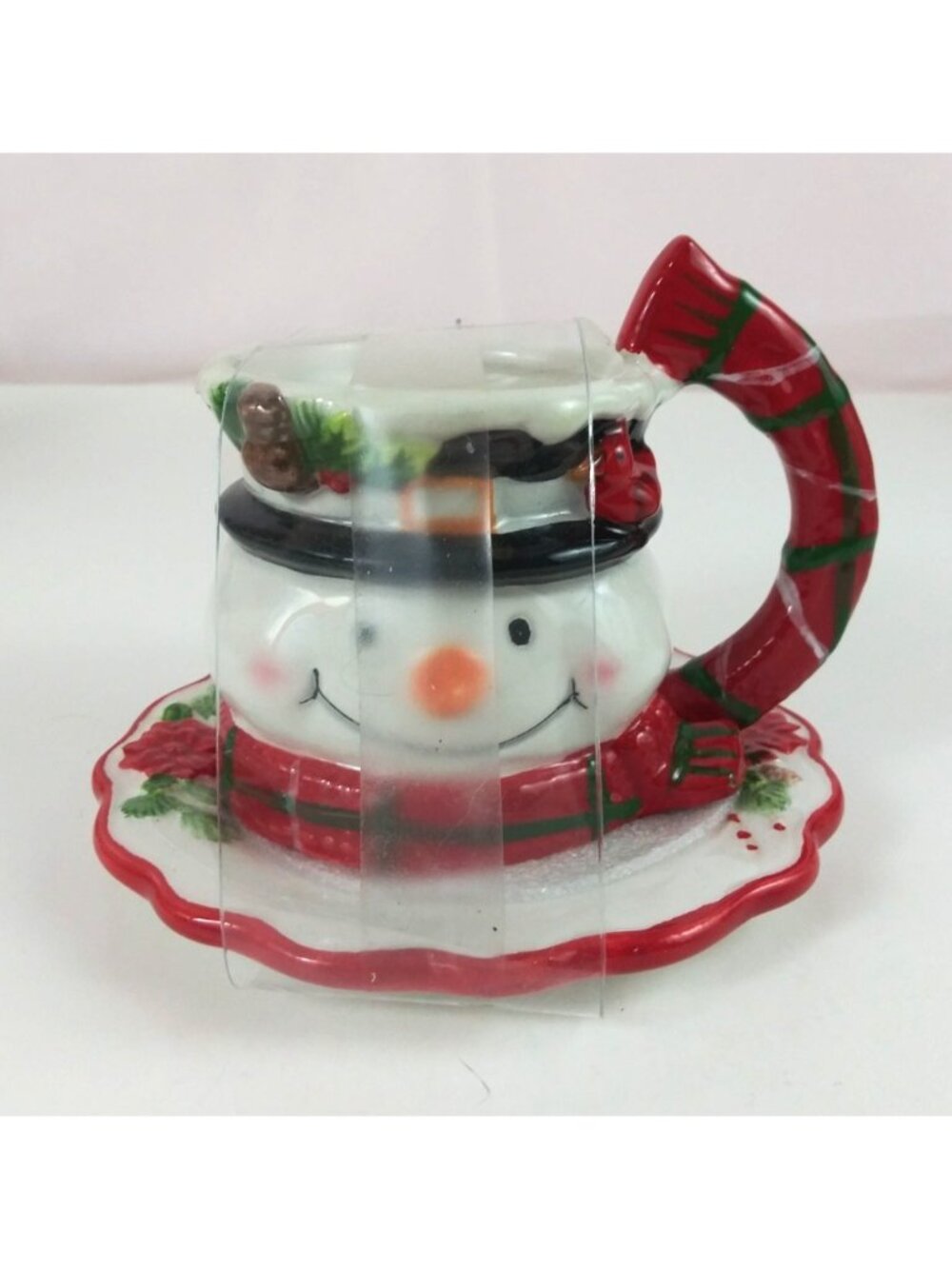 New Corner Ruby Snowman With Scarf Handle Figural 3D Coffee Cup With Saucer